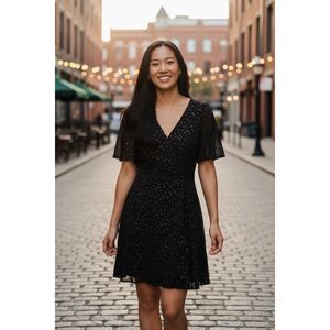 Madewell—J Crew Midi-Dress Bell Sleeve Black w/ Gold Metallic Dots Faux Wrap 10